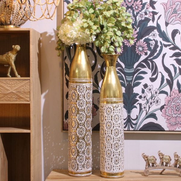 Floor vase Alexandra House Living White Golden Metal 12 x 12 x 63 cm Sale