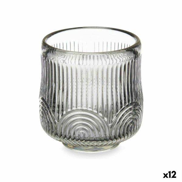 Candleholder Stripes Grey Crystal 7,5 x 7,8 x 7,5 cm (12 Units) Online