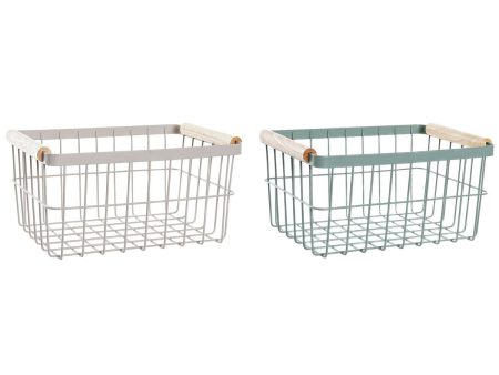 Wire Basket DKD Home Decor Green Beige Metal Pinewood Vintage 30,5 x 20 x 14,5 cm (2 Units) For Sale