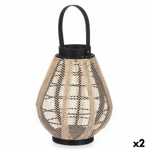 Candleholder Lantern With handle Beige Wood Cloth 25 x 30 x 25 cm (2 Units) Online Sale