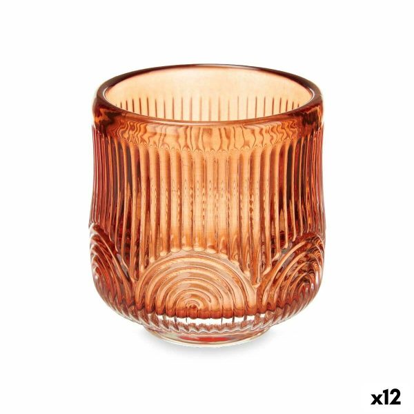 Candleholder Stripes Orange Crystal 7,5 x 7,8 x 7,5 cm (12 Units) Online Hot Sale