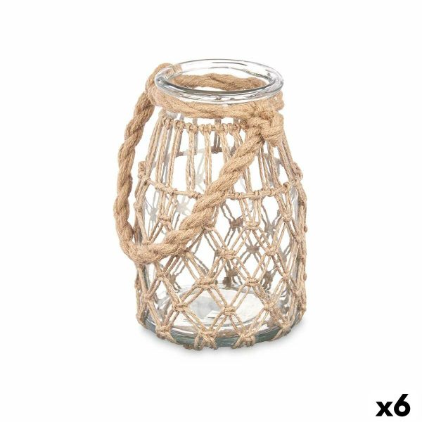 Candleholder Tin Transparent Natural Glass Rope 14 x 21 cm (6 Units) Cheap