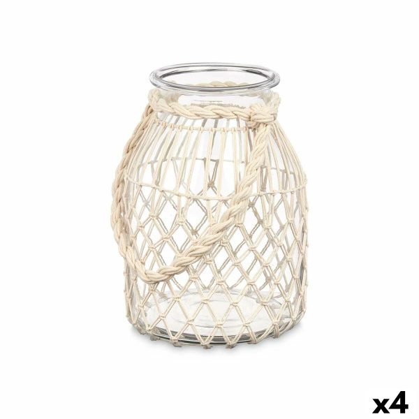 Candleholder Tin White Transparent Glass Rope 20 x 30 cm (4 Units) Supply