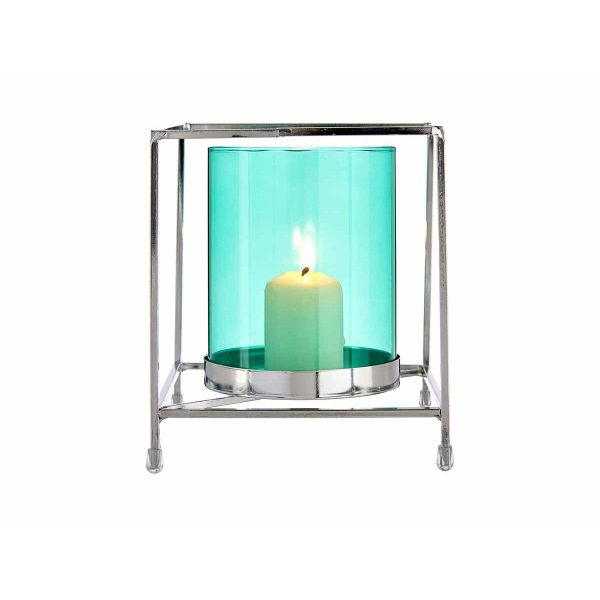 Candleholder Squared Silver Blue 14 x 15,5 x 14 cm Metal Glass Sale