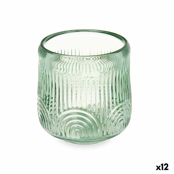 Candleholder Stripes Green Crystal 9 x 9,5 x 9 cm (12 Units) Fashion