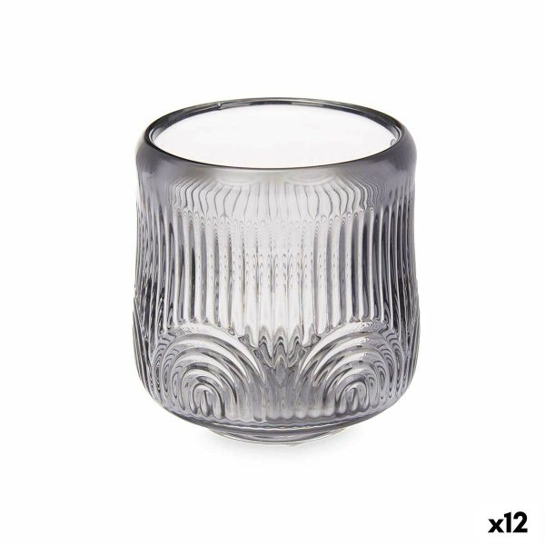 Candleholder Stripes Grey Crystal 9 x 9,5 x 9 cm (12 Units) Cheap