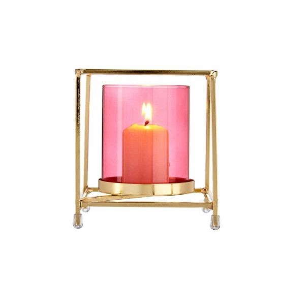 Candleholder Squared Pink Golden 11,5 x 12,6 x 11,5 cm Metal Glass on Sale