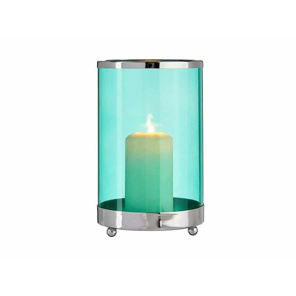 Candleholder Silver Blue Cylinder 12,2 x 19,5 x 12,2 cm Metal Glass For Sale